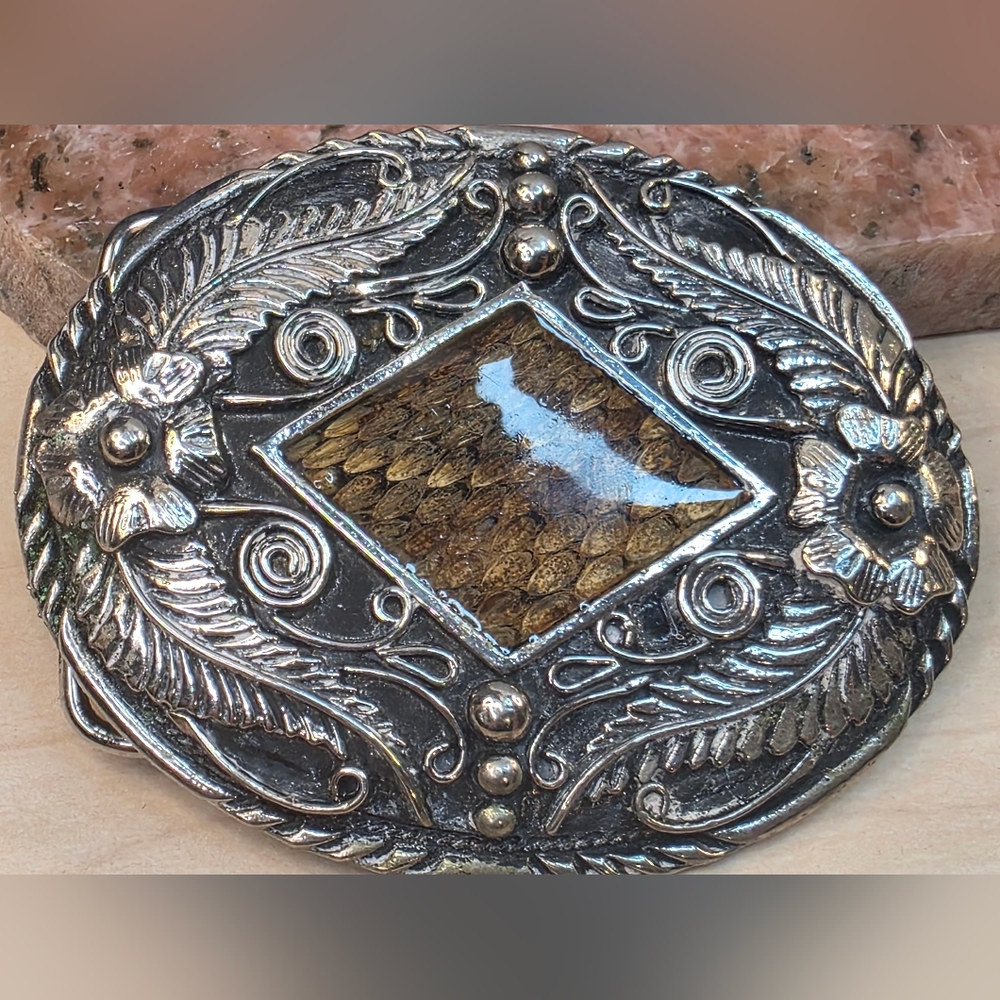 Vintage SSI Handcrafted Western Belt Buckle - Genuine Snakeskin & Silver Tone